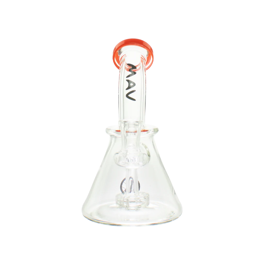 MAV Glass 7" Beaker Banger Hanger Rig in Orange with Disc Percolator and Quartz Banger - Front View