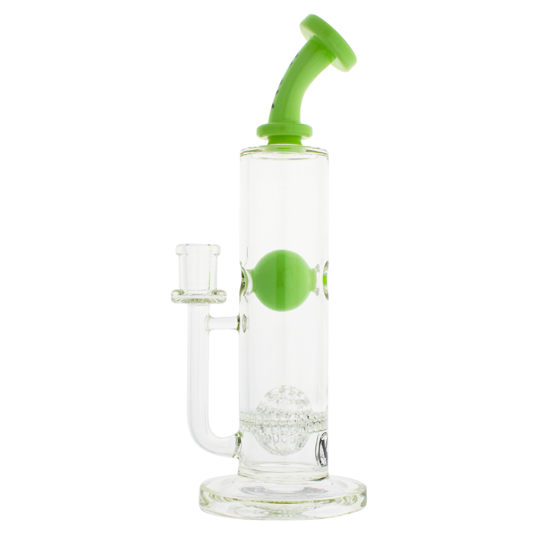 MAV Glass Eureka Honeyball Disc With Ball Rig, 11" tall with 14mm joint, front view on white background