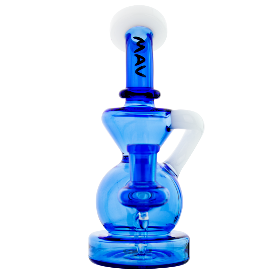 MAV Glass - Mini Tahoe Bulb Recycler Dab Rig in White & Blue with Hole Diffuser, Front View