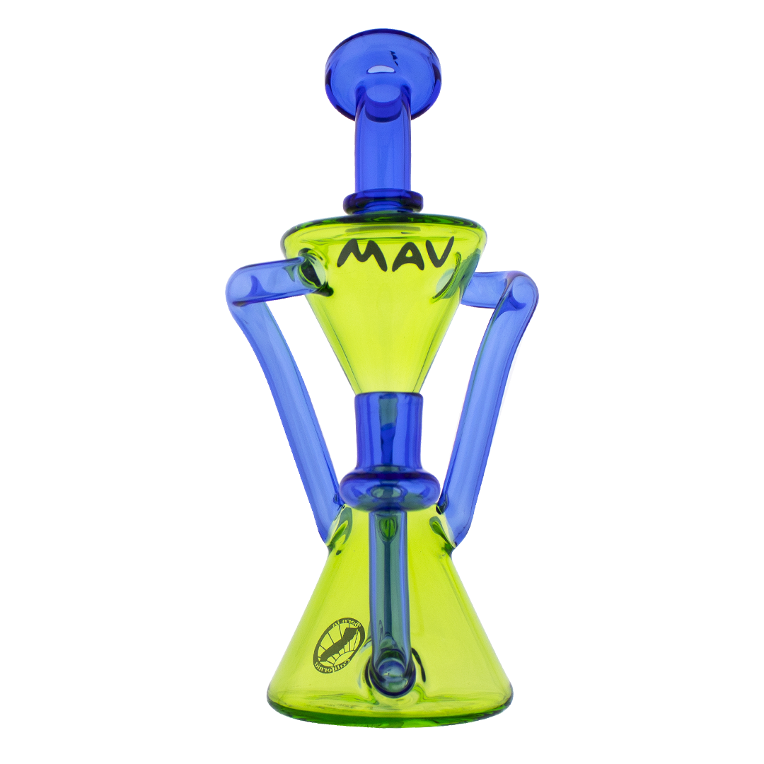 MAV Glass - The Zuma Recycler Dab Rig in Neon Yellow with Blue Accents, Front View