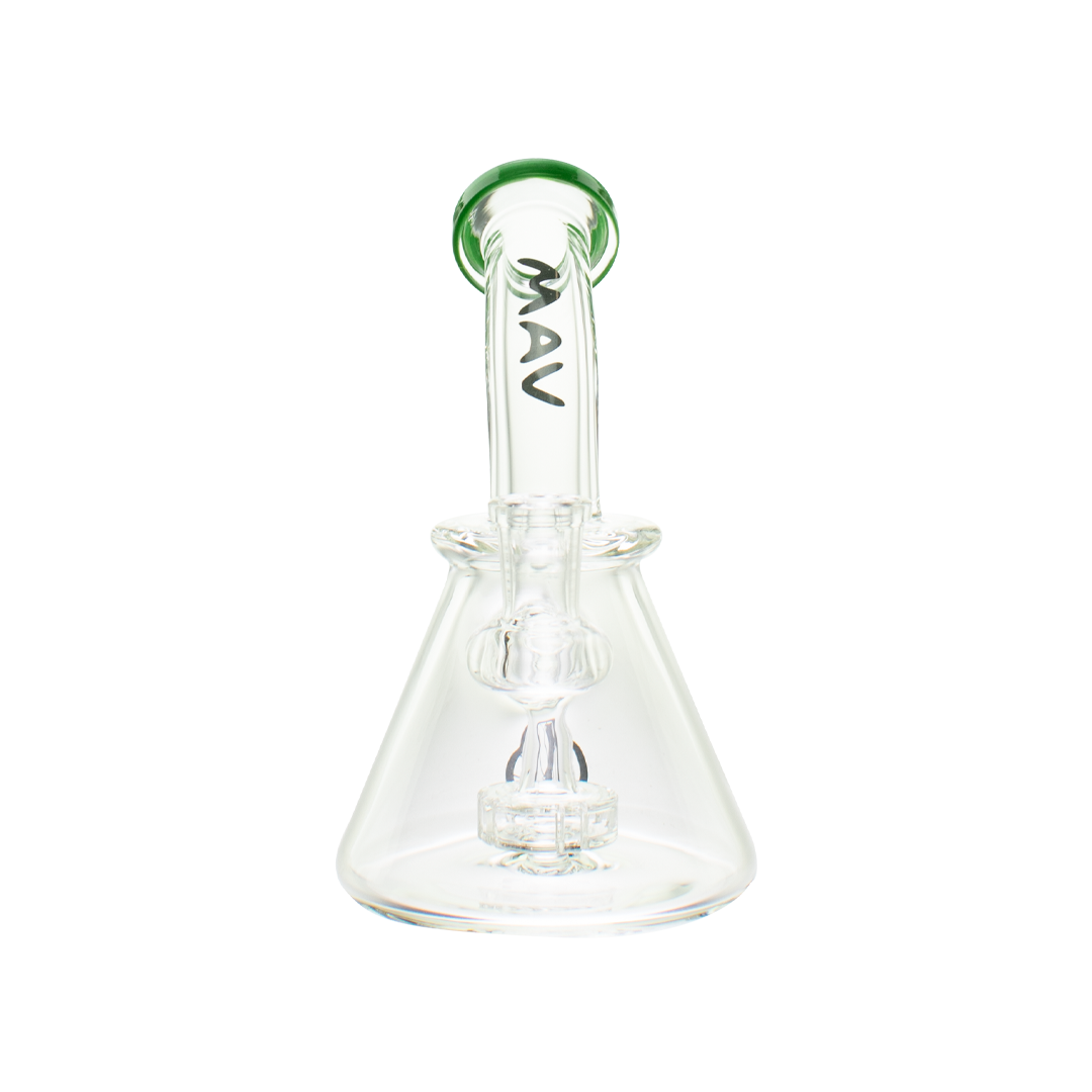 MAV Glass Mini Bent Neck Beaker in Forest Green, 7" Compact Design with 14mm Joint, Front View