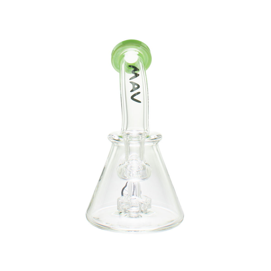 MAV Glass Mini Bent Neck Beaker in Slime variant, 7" height, 14mm joint, portable design, front view on white background