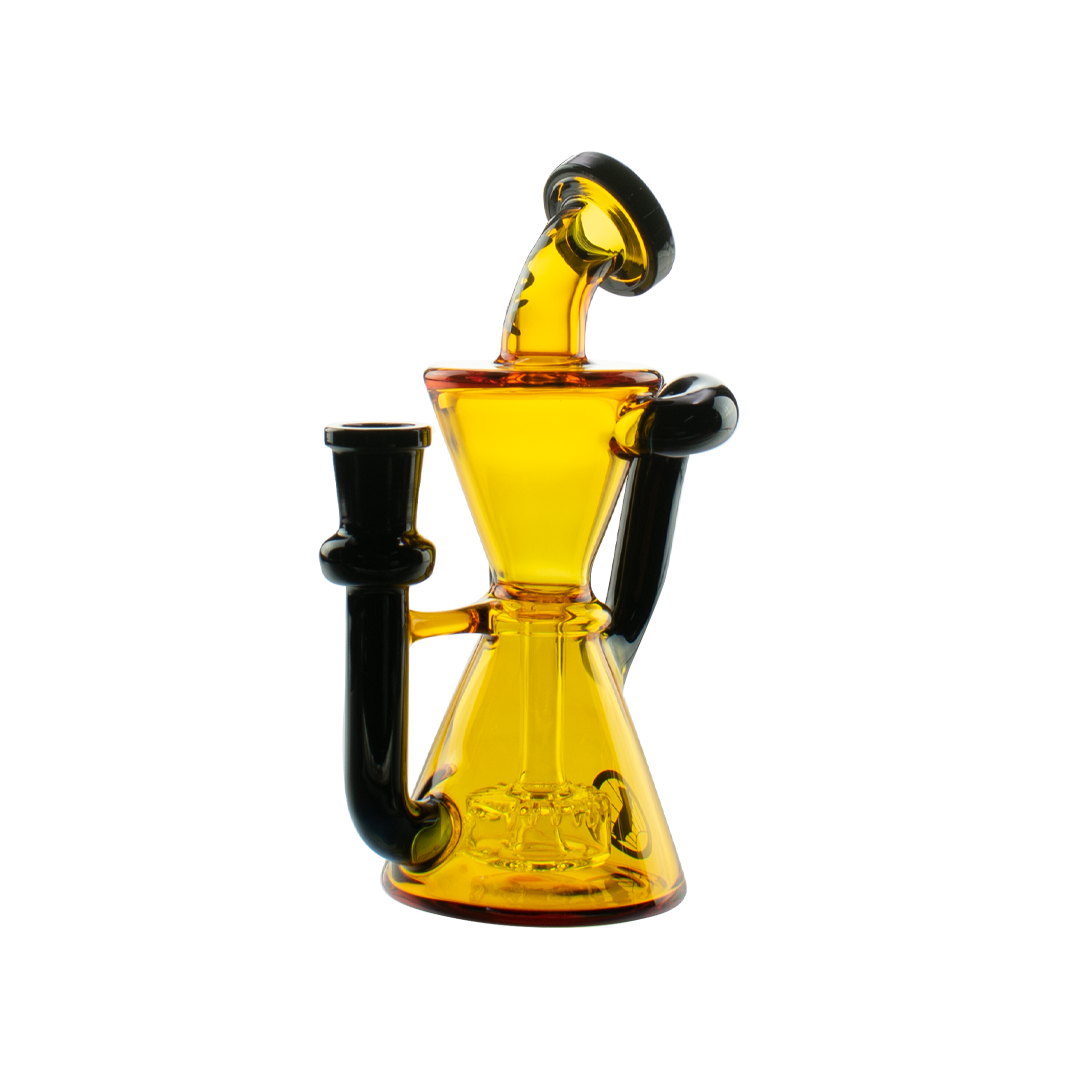 MAV Glass Mini Isabella Puck Recycler in Amber & Black, 6.5" Tall Beaker Design with 14mm Joint