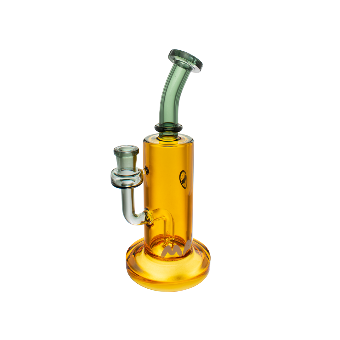 MAV Glass Mini San Diego Bong in Smoke and Gold variant, 14mm joint, front view on white background