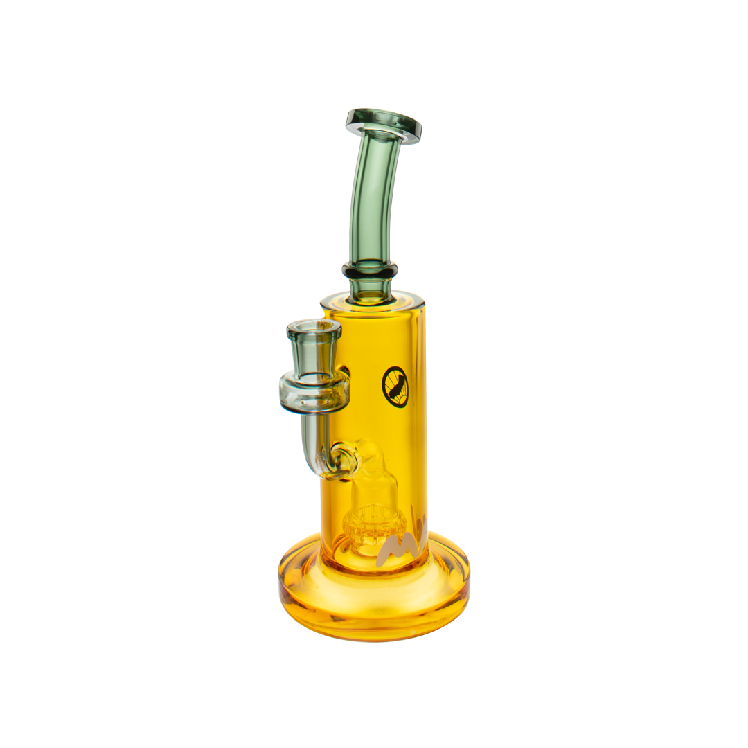 MAV Glass Oxnard Rig in Smoke and Gold variant, 7" tall beaker design with glass on glass joint