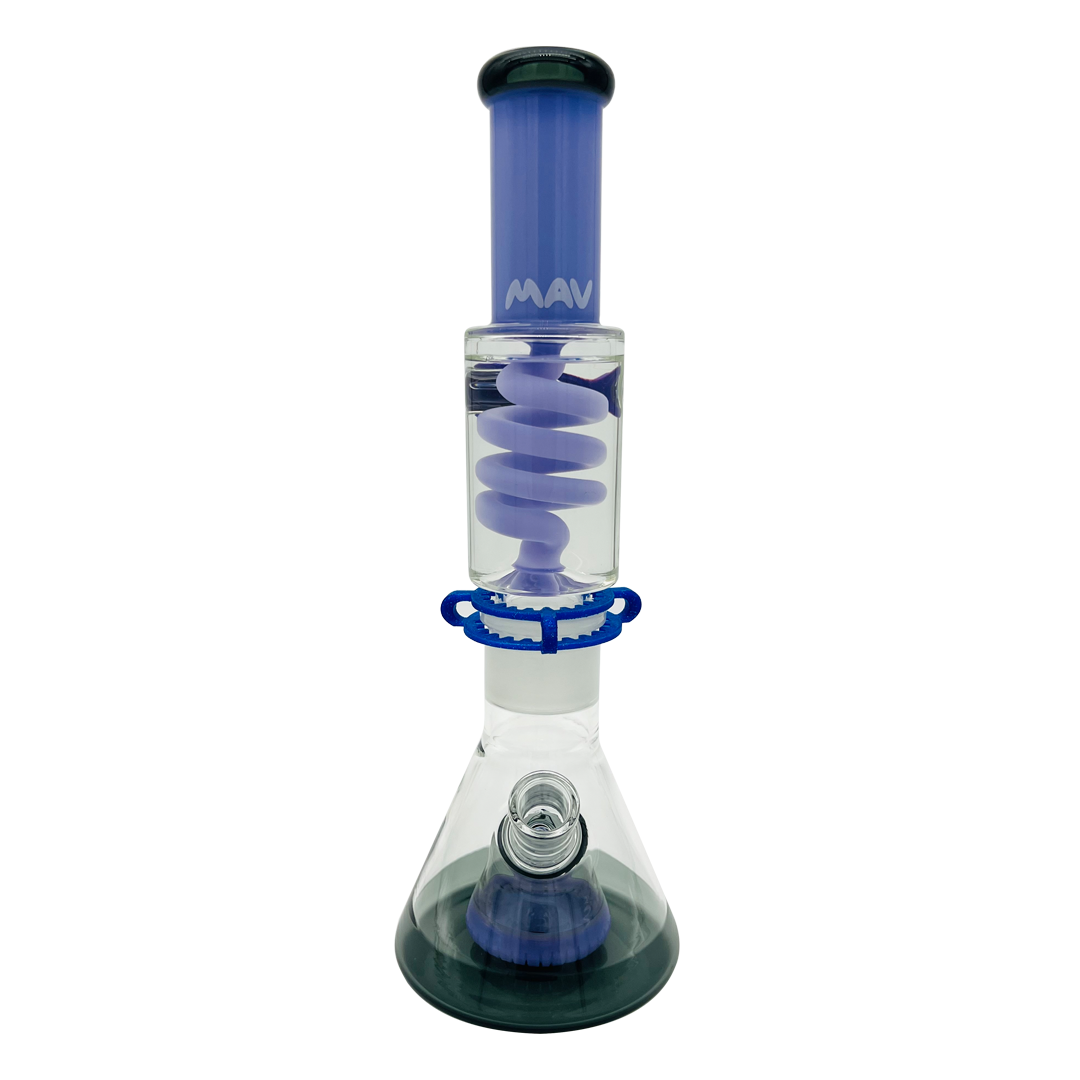 MAV Glass 14" Purple and Black Beaker Bong with Freezable Coil and Slitted Pyramid Perc