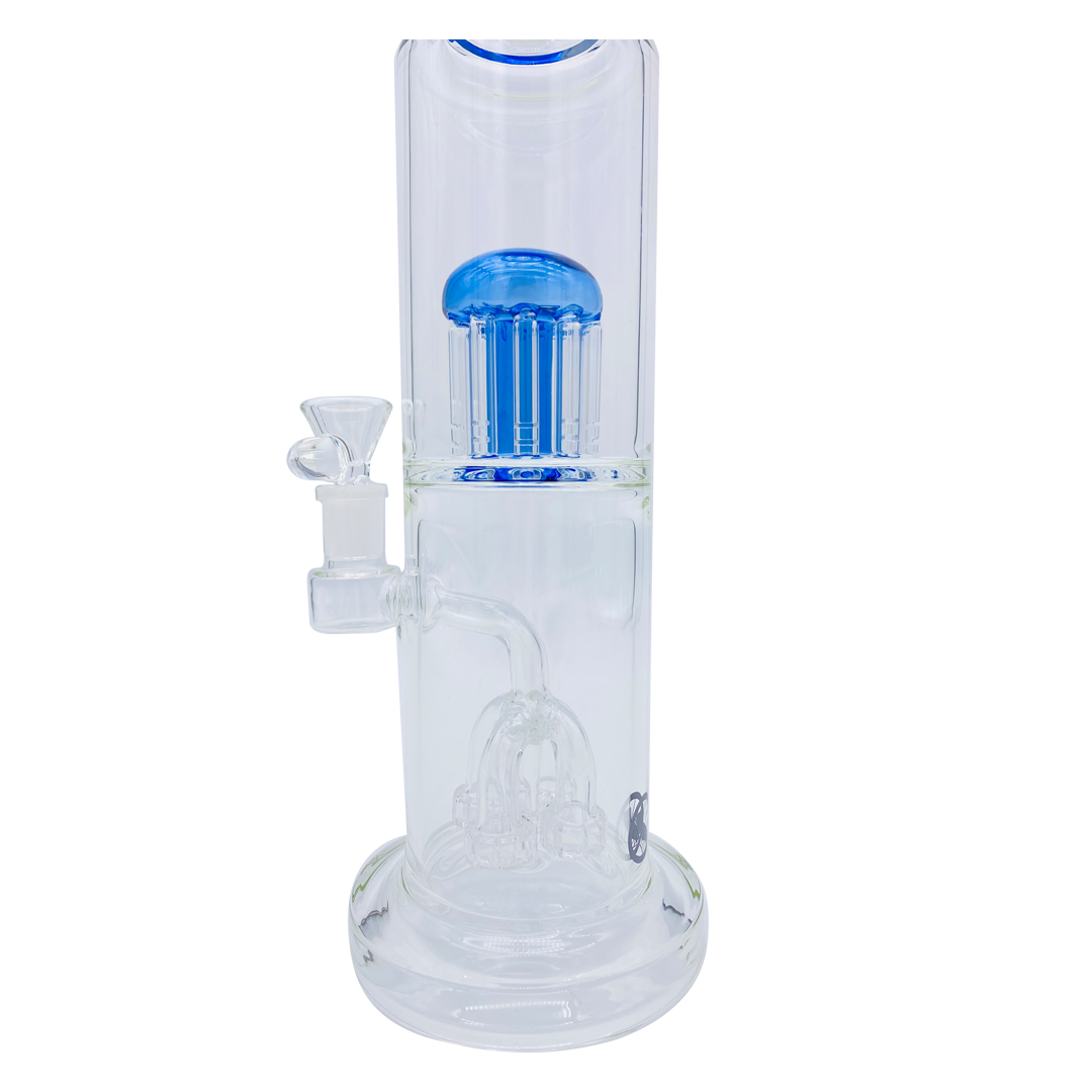 MAV Glass Quad Showerhead to 12-arm Tree Perc Bong, 15" Tall, 90 Degree Joint, Front View