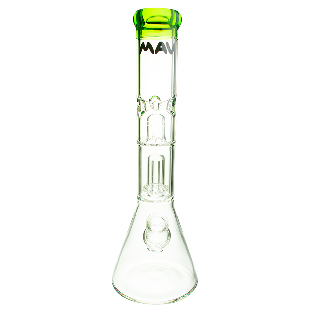 MAV Glass Single UFO Beaker Bong with clear design and green accents, front view on white background