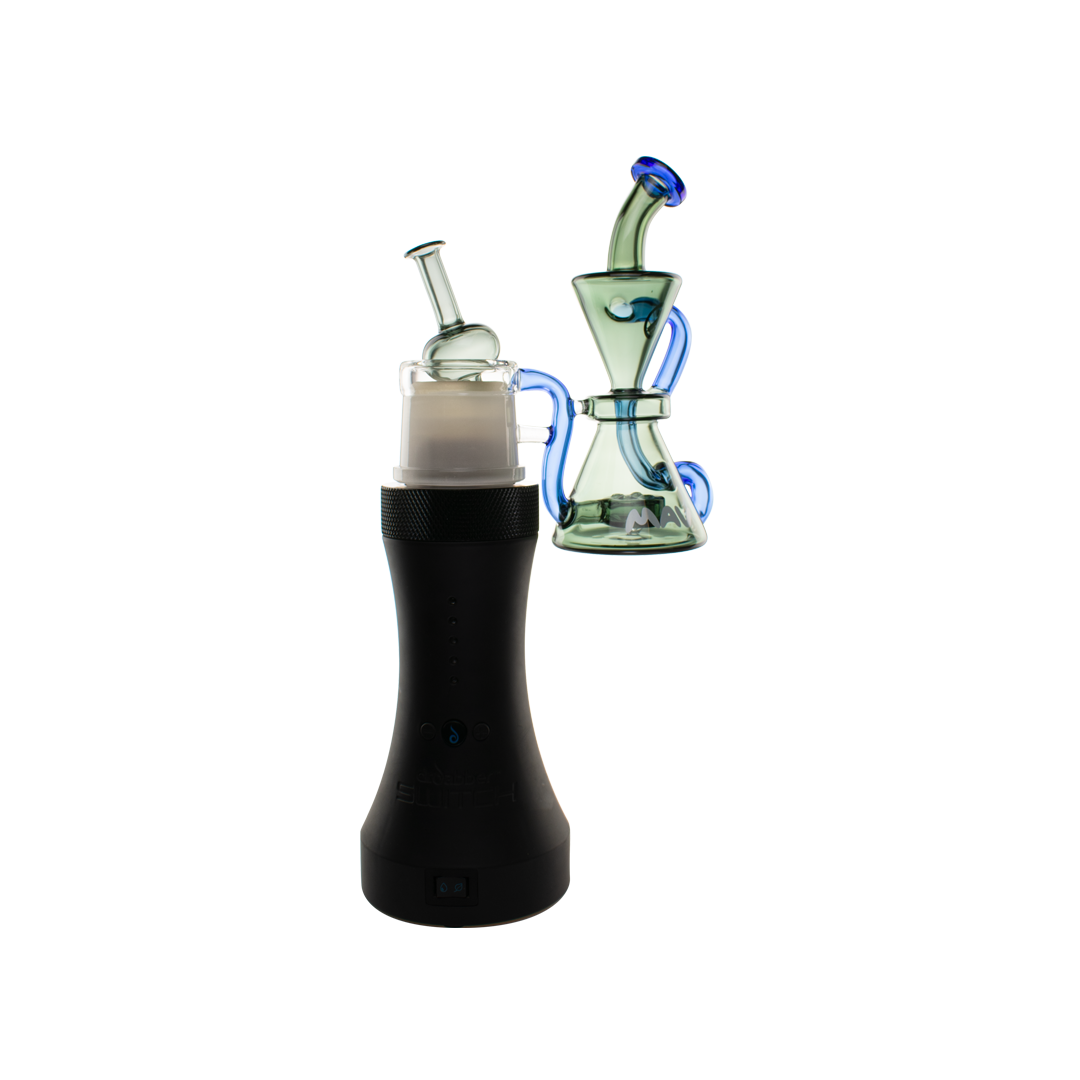 MAV Glass The Pacifica Switch Attachment in blue and black, with vortex percolator, side view on white background