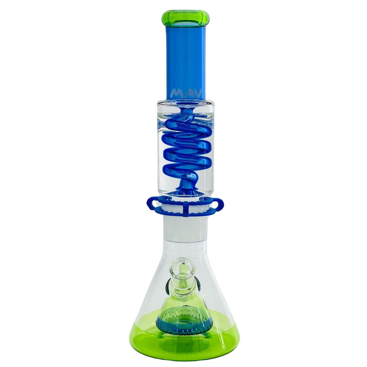 MAV Glass Beaker Bong with Blue Coil and Ooze Green Base, 14" Tall, Front View