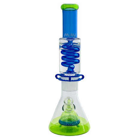 MAV Glass Beaker Bong with Blue Coil and Ooze Green Base, 14" Tall, Front View