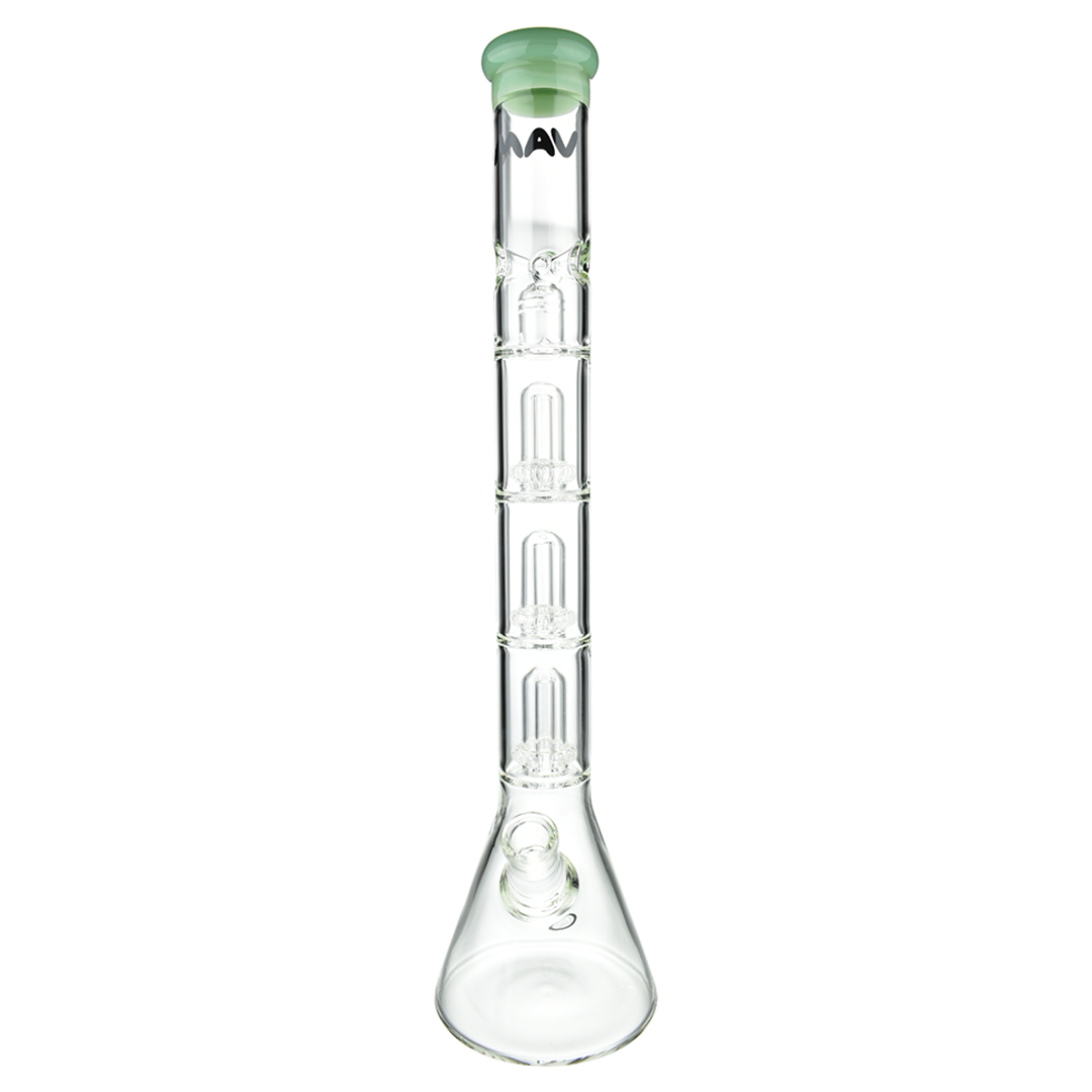 MAV Glass Triple UFO Beaker Bong, 21" tall with 18-19mm joint size, front view on white background