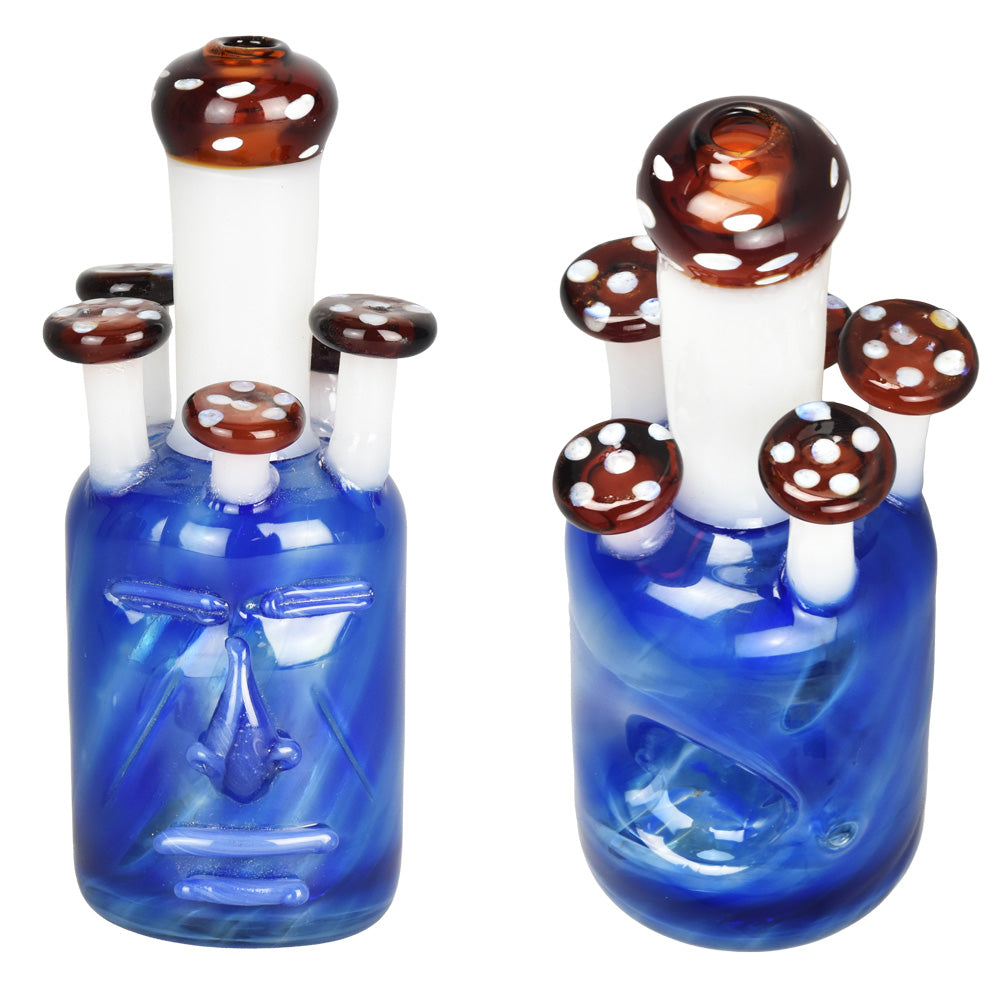 Mayan Mushroom God Hand Pipe in Borosilicate Glass, Dual Angles on White Background