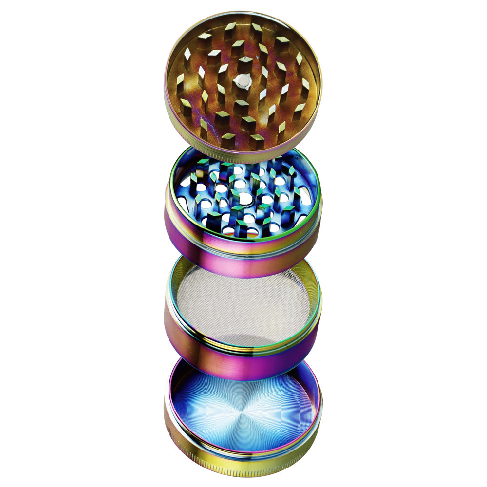 Chameleon Anodized Zinc 4-Piece Grinder, 2.5" Diameter, Open View Showing All Compartments
