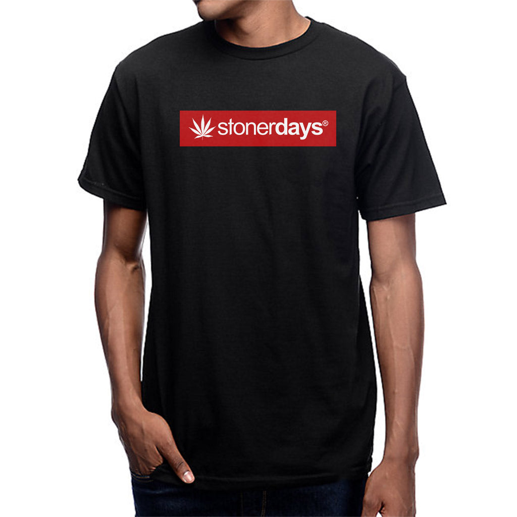 Man wearing Men's StonerDays Logo Red Tee in black, front view on white background