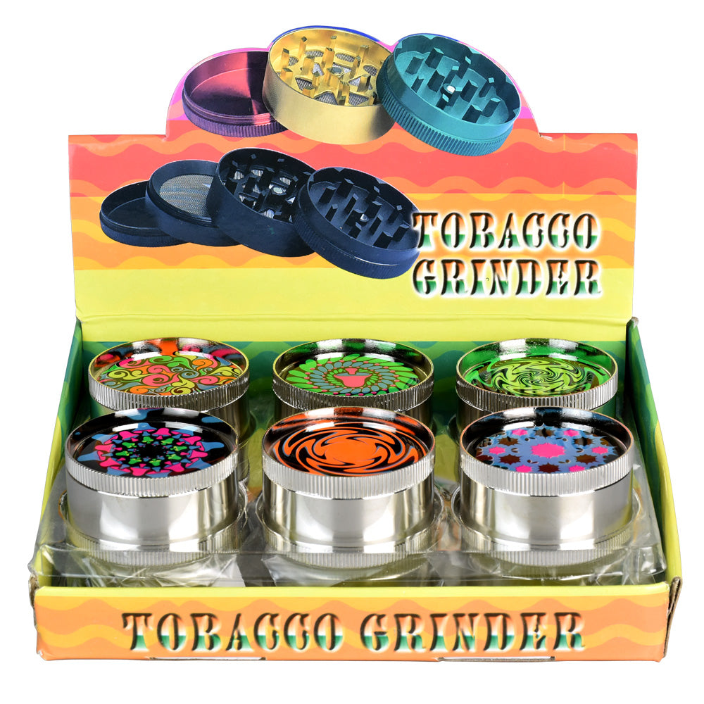 Assorted 3-Piece Metal Grinders with UV Reactive Designs, 2" Diameter - 12 Pack Display Box
