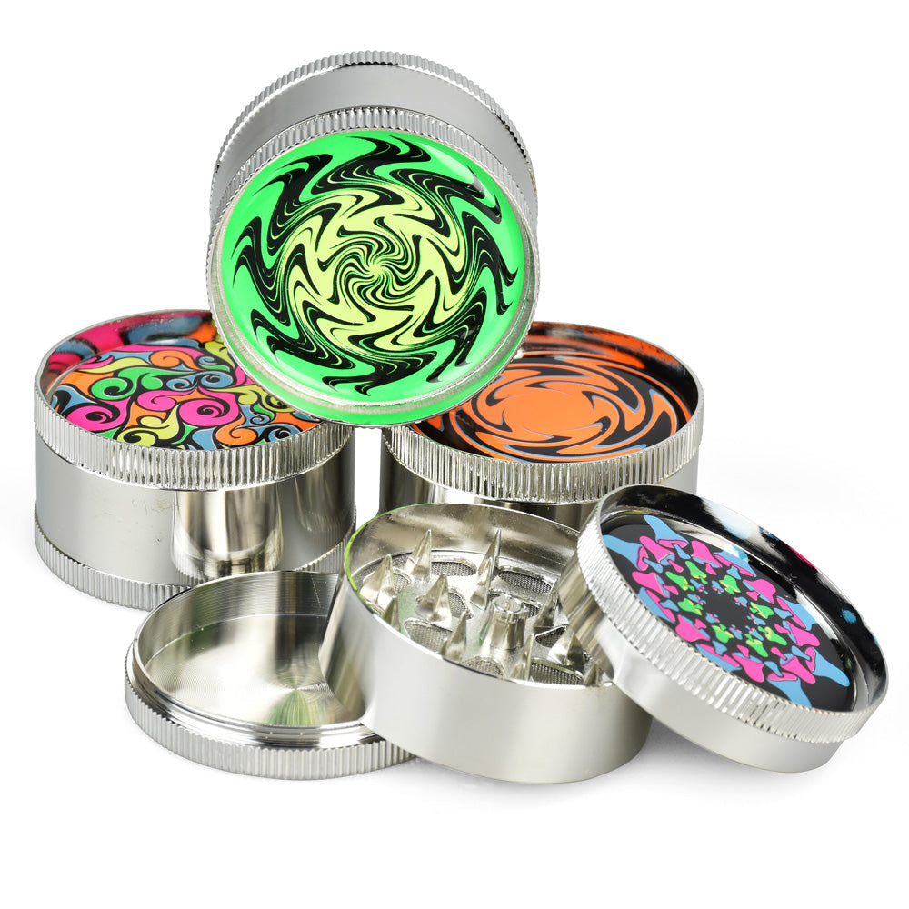 Assorted 3-Piece Metal Grinders with UV Reactive Black-light Designs, 2" Diameter - Front View