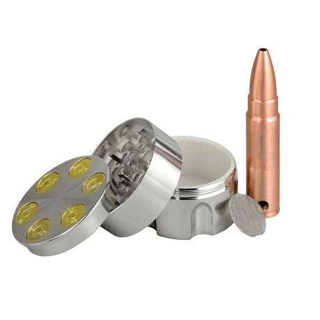 Metal Bullet Grinder & Pipe Set featuring a novelty revolver cylinder design, front view on white background