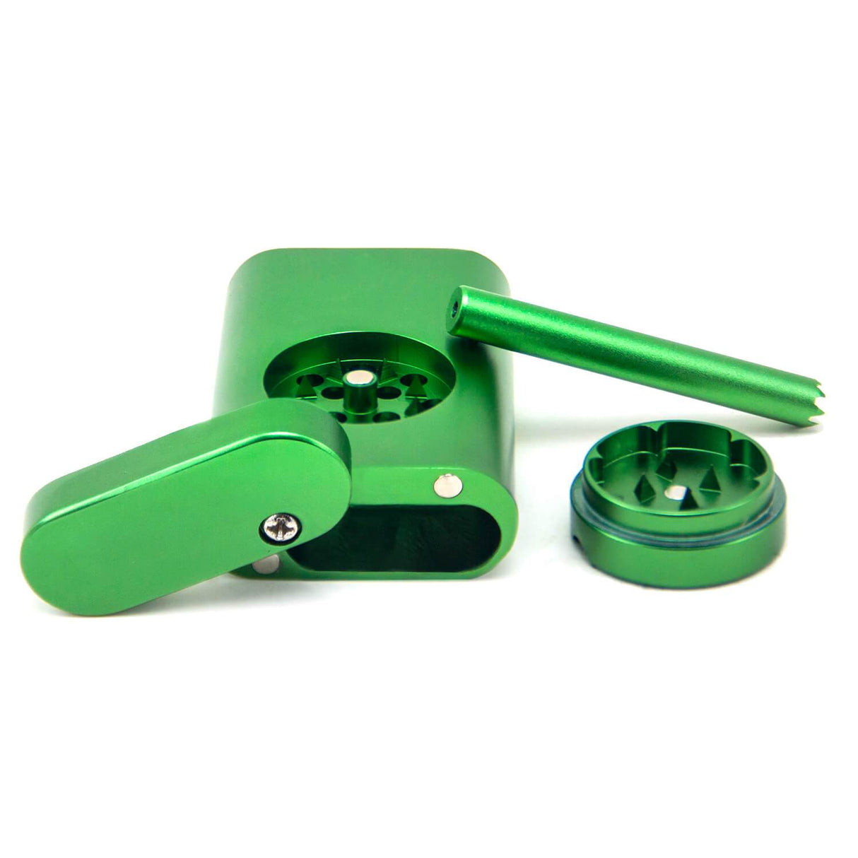 PILOT DIARY Green Aluminum Portable Dugout with Mini Grinder and One Hitter - Angled View