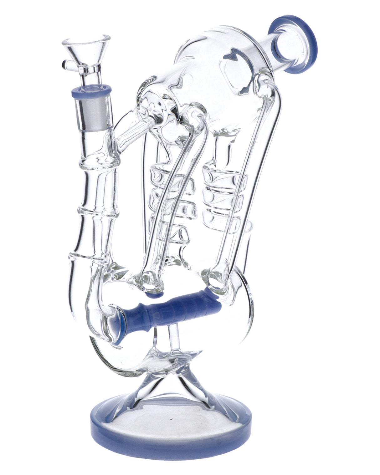 Milky Blue Glass Water Pipe with Quartz Banger by Valiant Distribution, 12" Tall Recycler Design, Front View