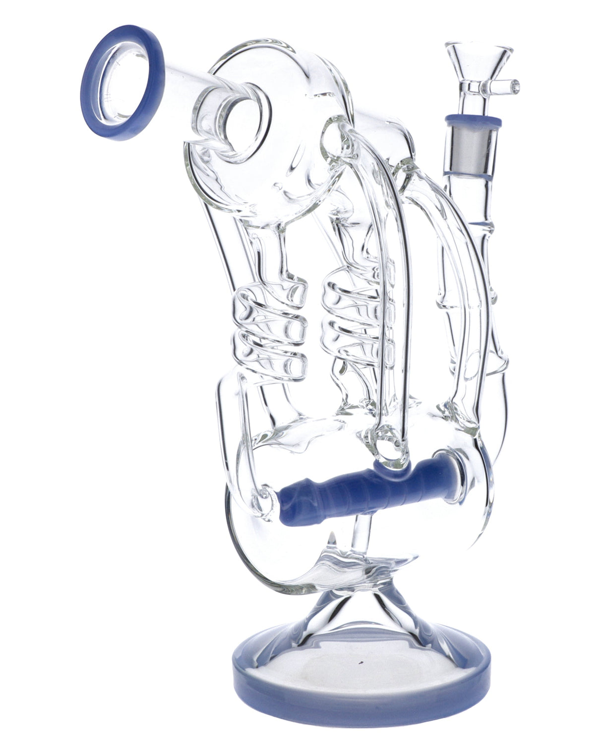 Milky Blue Glass Water Pipe with Quartz Banger, 12" Tall, Recycler Design, 90 Degree Joint