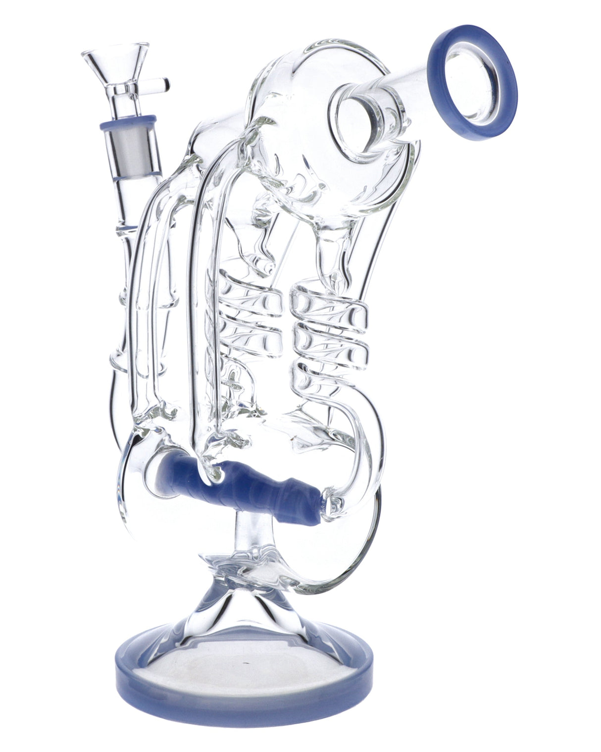 12" Milky Blue Glass Water Pipe with Recycler Design and Quartz Banger, Front View