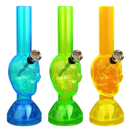 Assorted Mini Acrylic Skull Water Pipes with Built-in Grinders, Front View on Seamless Background