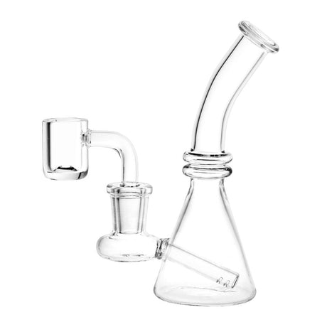Compact 5" Mini Glass Beaker Dab Rig with Quartz Banger, Front View on White Background