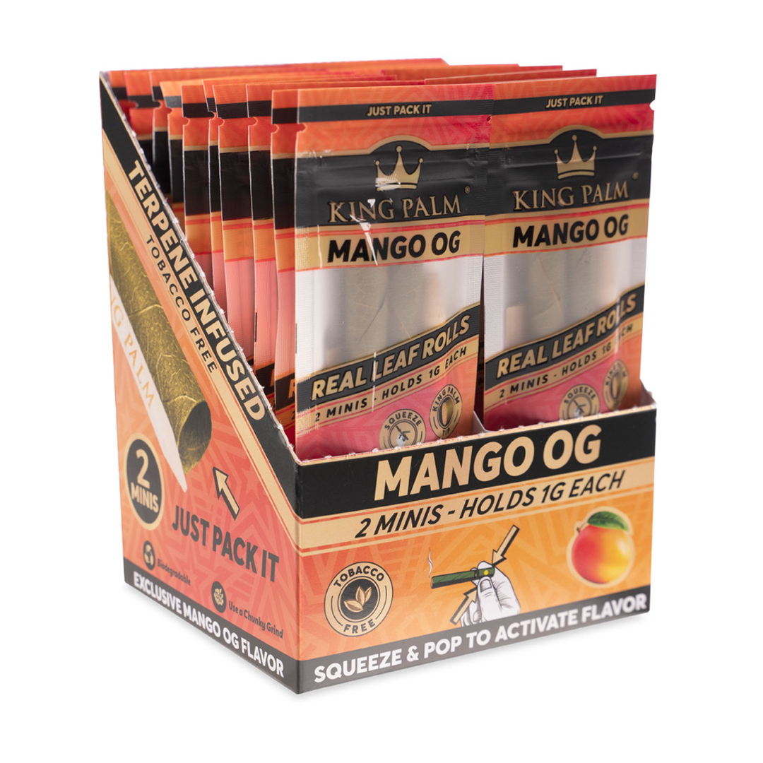 King Palm Mini Mango OG Rolling Cones Variety Pack on display, tobacco-free with real palm leaf