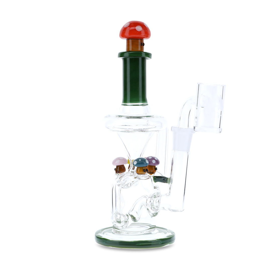 Empire Glassworks Mushroom Recycler Dab Rig, intricate glasswork with mushroom accents, front view on white background