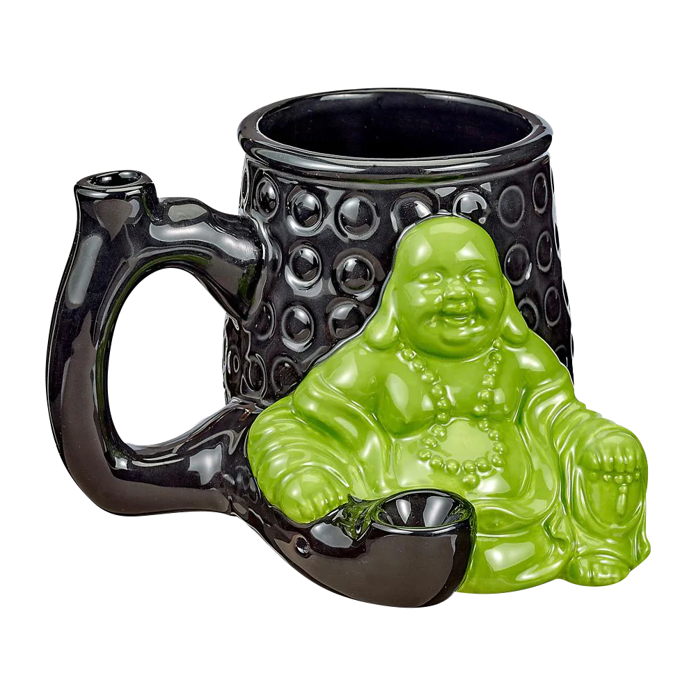 Ceramic Buddha-shaped mug with built-in pipe, 12 oz size, front view on white background
