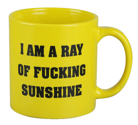 Yellow ceramic mug with "I am a Ray of Fucking Sunshine" text, 22 oz size - front view
