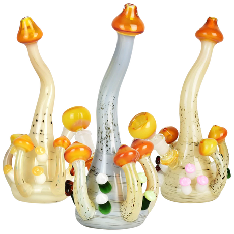 Mushroom Cluster Water Pipe with colorful design, 9.5" tall, ideal for dry herbs, front view