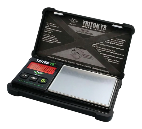 MyWeigh Triton T3 digital pocket scale with rubber coating and 0.01g accuracy, open view