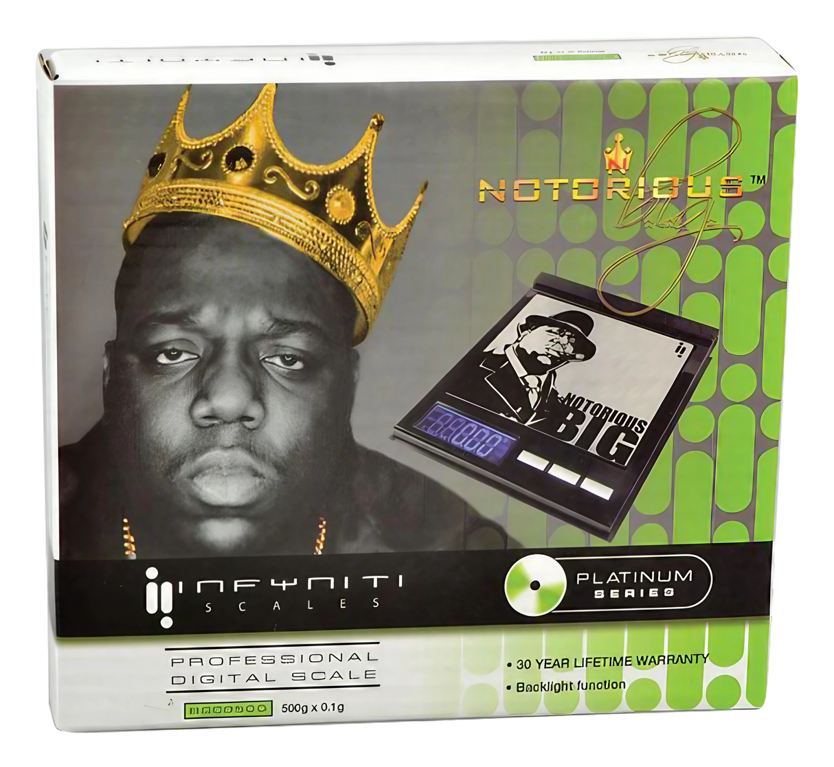 Infyniti Scales Notorious 'Biggie' CD pocket scale, 500g x 0.1g, front view on white