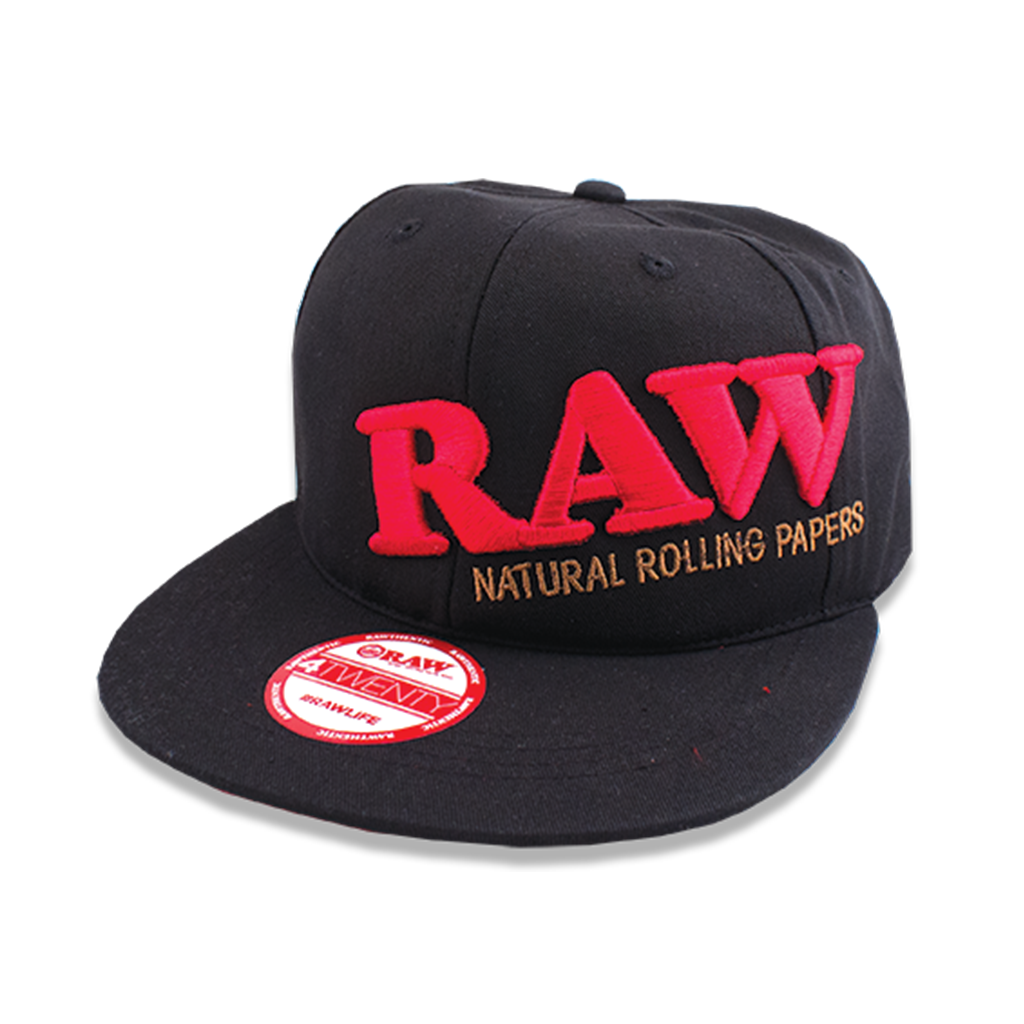 RAW Branded Snapback Hat - Front View on White Background, Classic Black with Red Logo