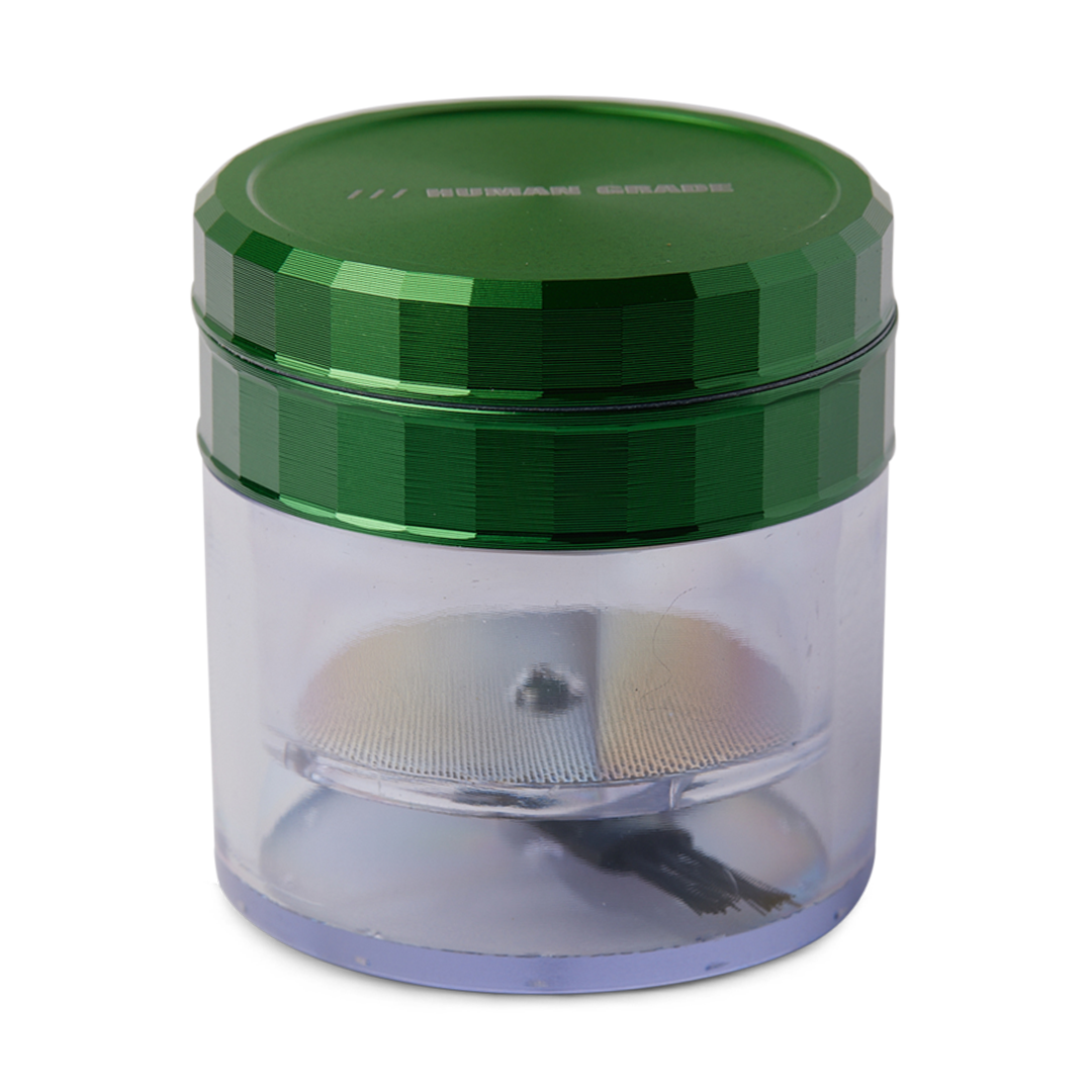 Human Grade Storage Grinder 1A (2.5") in Green - Front View with Transparent Chamber