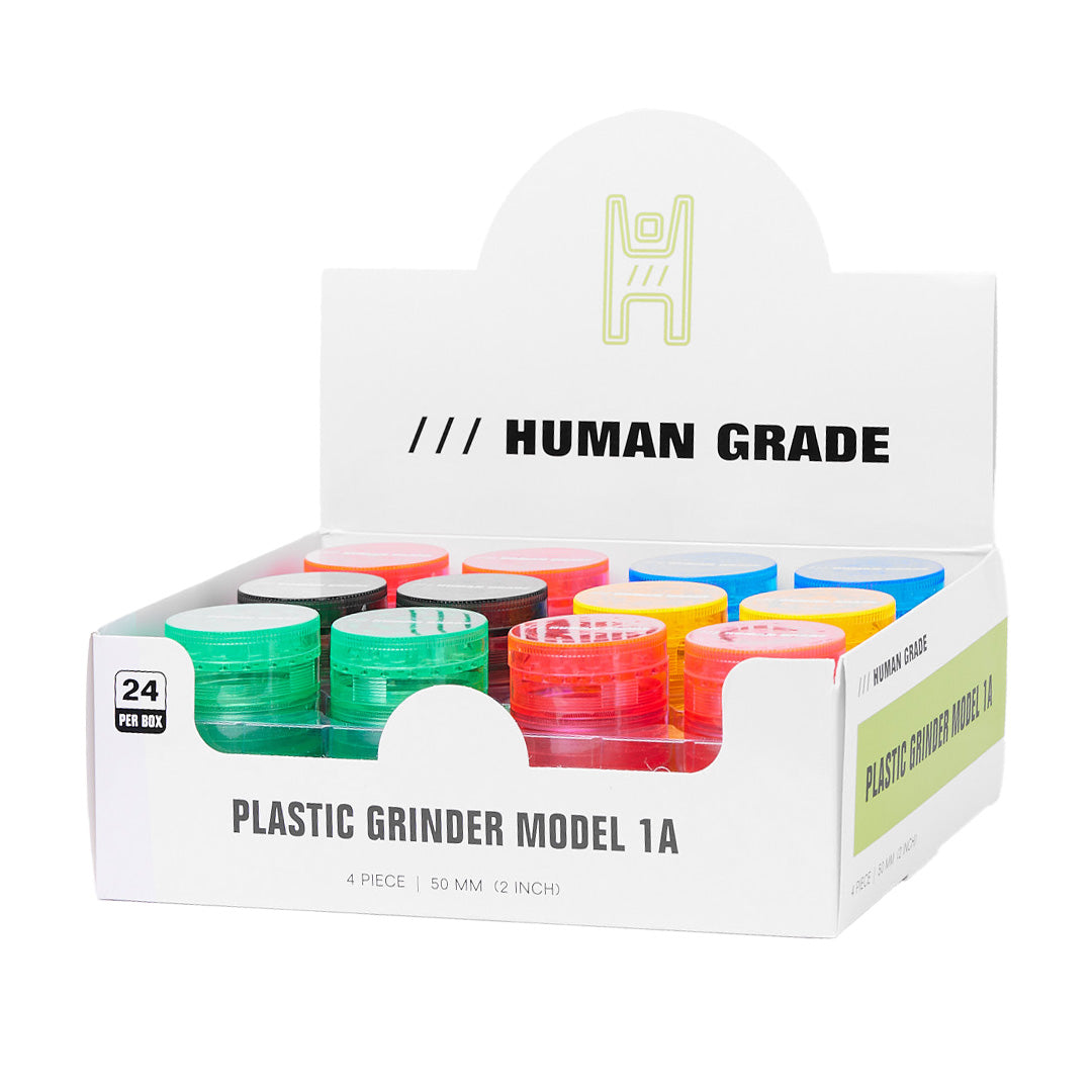 Human Grade Colorful Plastic Grinders Display Front View - 2" and 2.5" Durable Variants