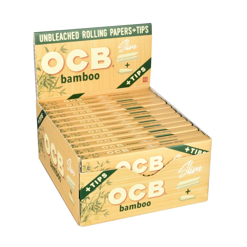 OCB Bamboo Rolling Papers 24 Pack Display, unbleached slim papers with tips, front view