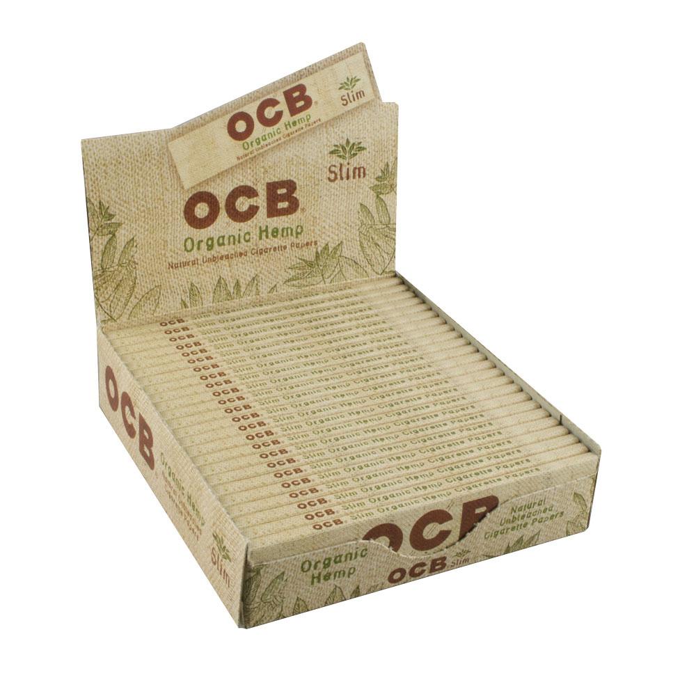 OCB Organic Hemp 1 1/4" Rolling Papers box open showing 24 natural packs
