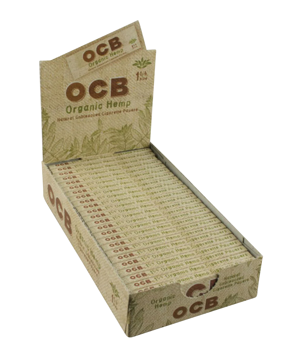 OCB Organic Hemp 1 1/4" Rolling Papers 24 Pack Display Box Open