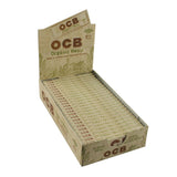 OCB Organic Hemp Rolling Papers box open showing single wide sheets for dry herbs