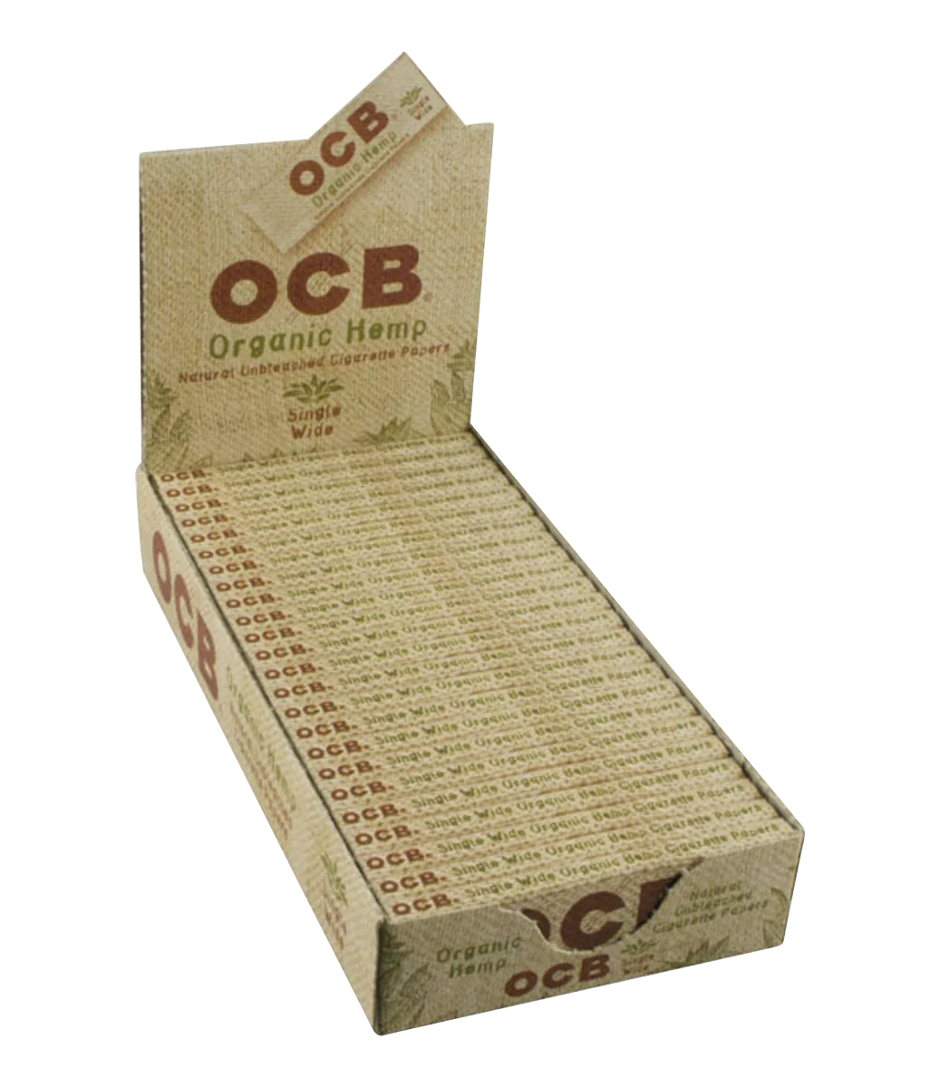OCB Organic Hemp Rolling Papers Single Wide pack displayed at an angle on a white background