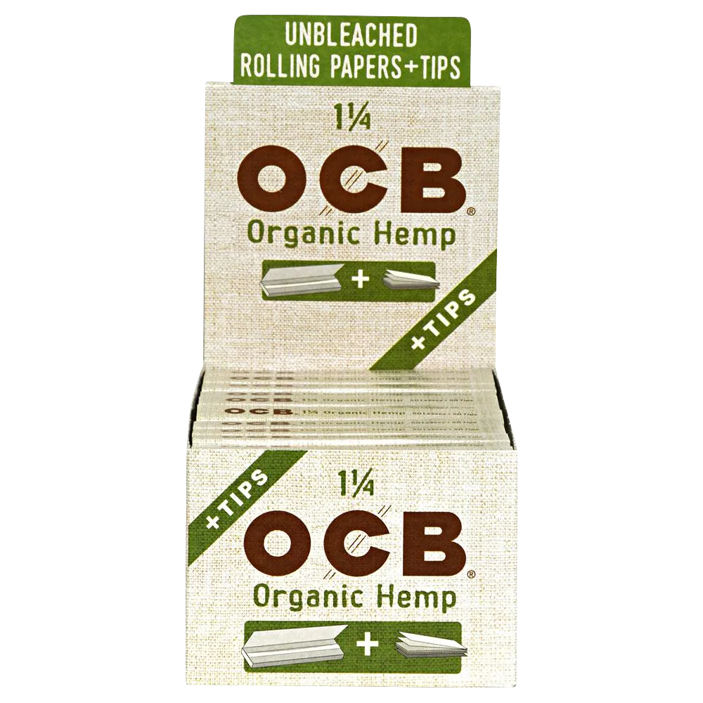 OCB Organic Hemp Rolling Papers with Tips, 24 Pack stacked front view on white background