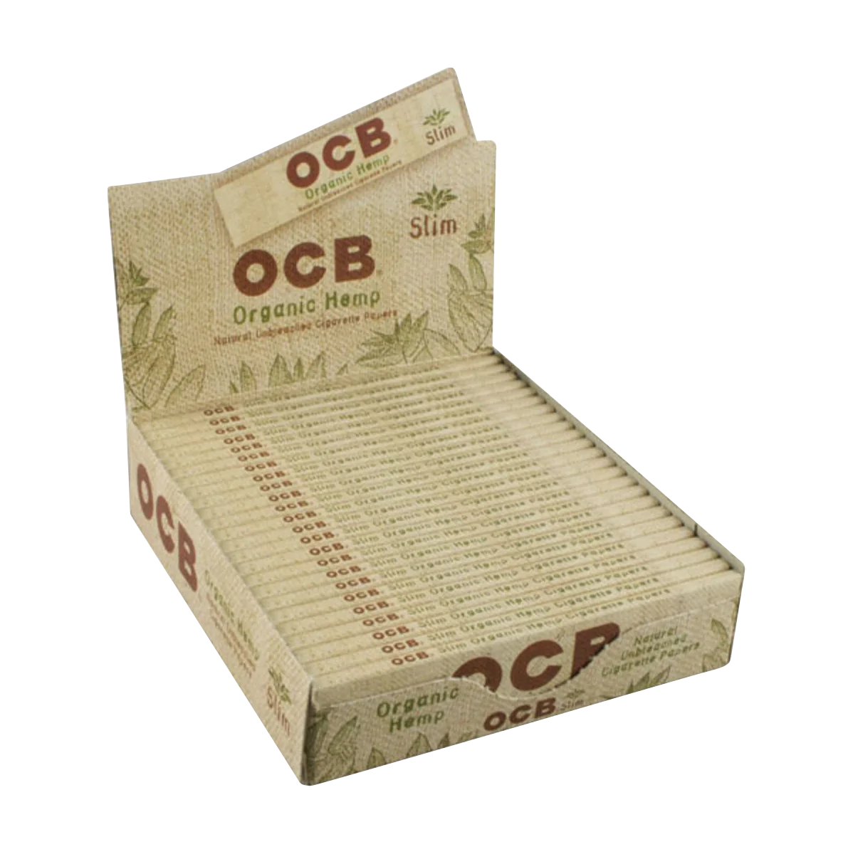 OCB Organic Hemp Slim Rolling Papers 24 Pack display box open from top view