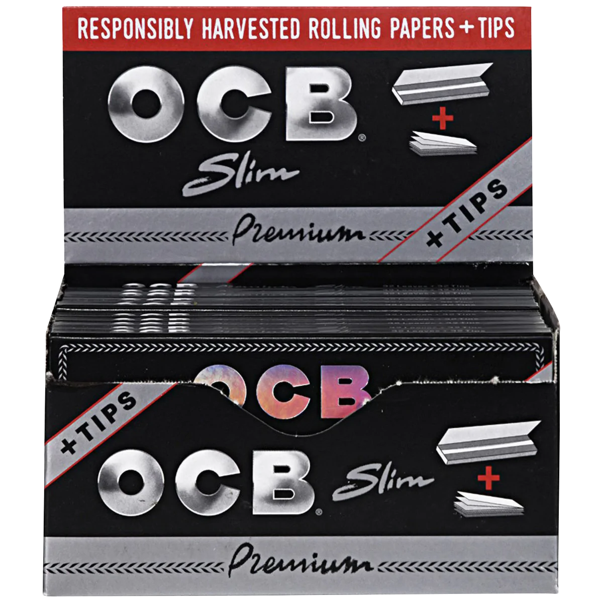OCB Premium Slim Rolling Papers & Tips 24 Pack, front view on white background