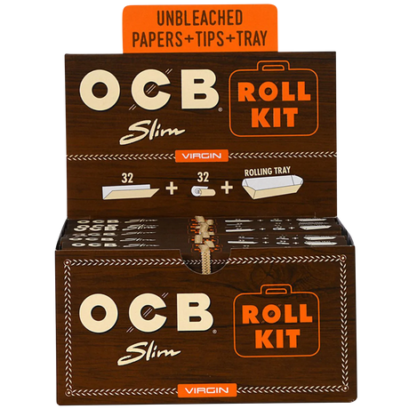 OCB Virgin Slim Roll Kit with papers, tips, and tray, 20 Pack front view on white