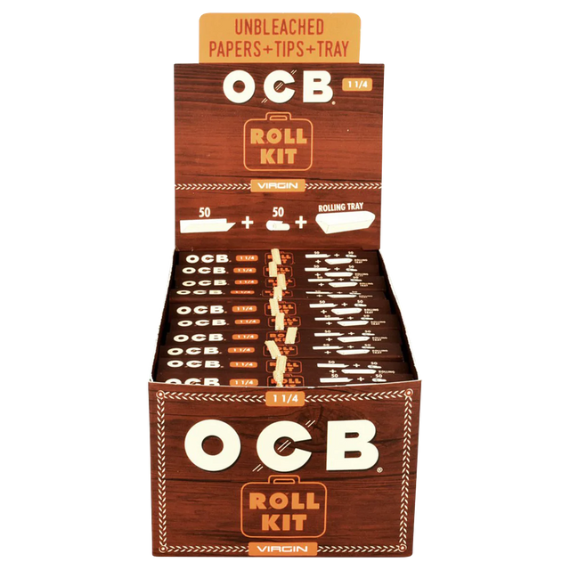 OCB Virgin Roll Kit 20 Pack display box open to show rolling papers and tips