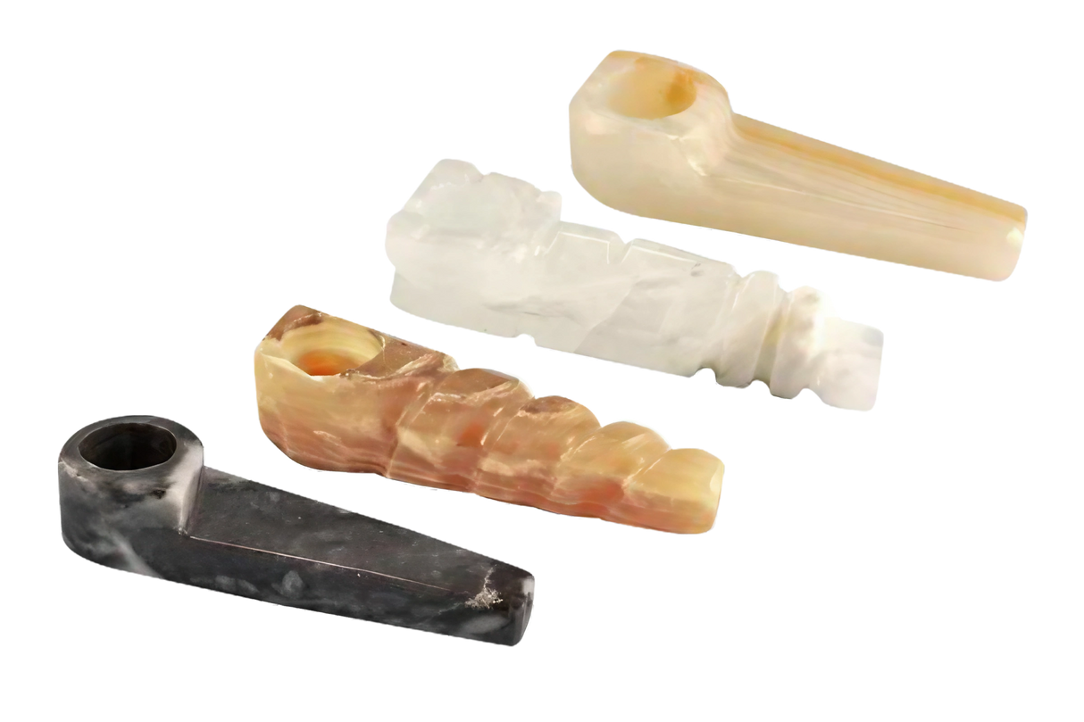 Onyx Stone Smoking Pipe in various angles showcasing natural stone patterns, perfect for dry herbs