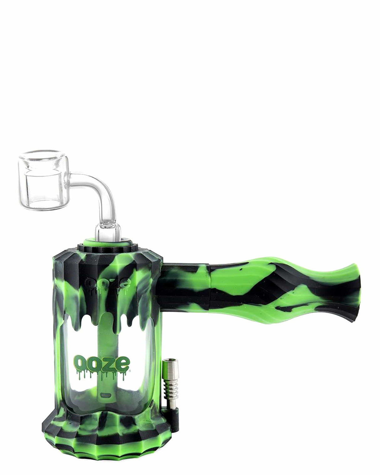 Ooze Clobb 4 in 1 Silicone Pipe in Green - Side View with Quartz Banger